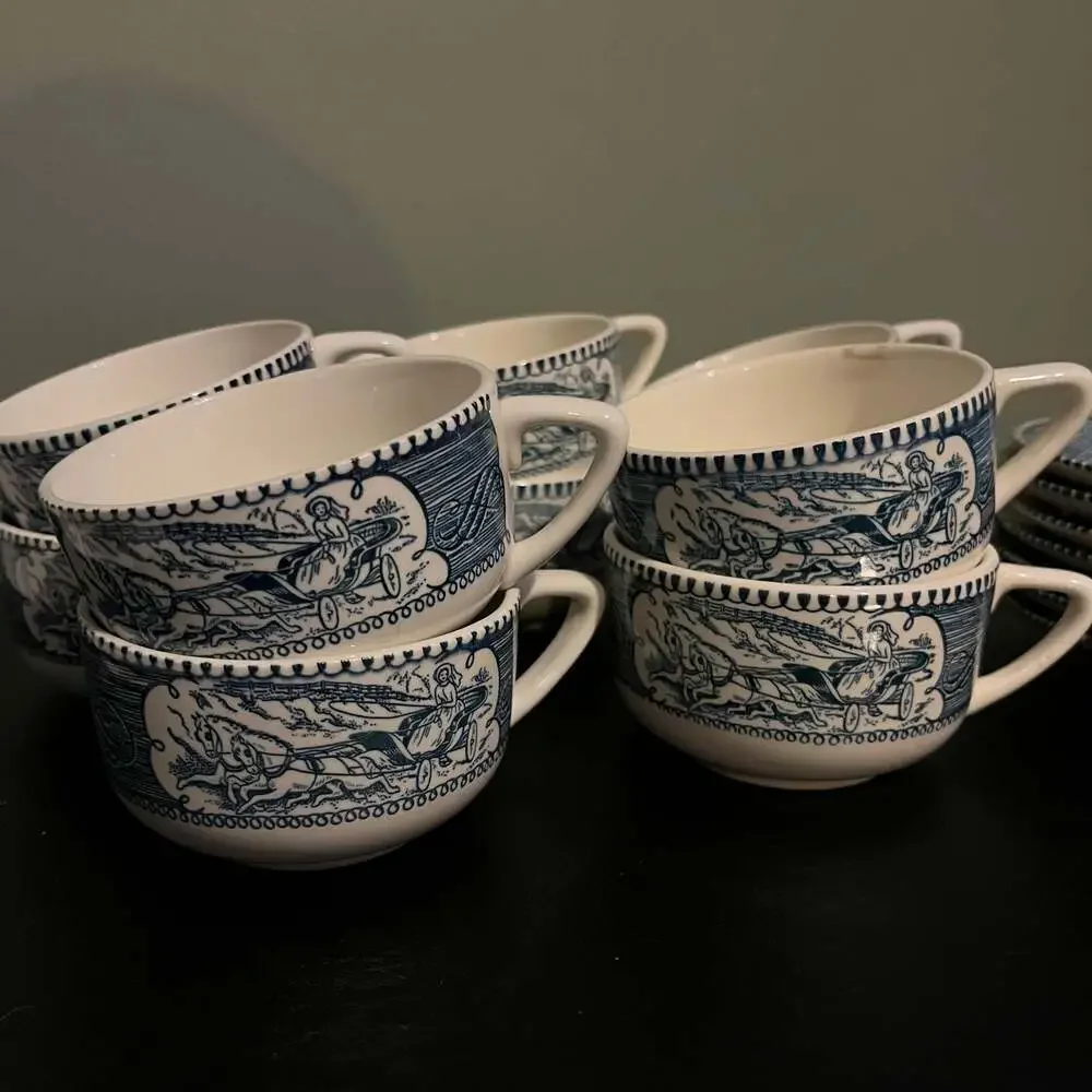 Set of 10 currier & Ives tea coffee mugs and plates